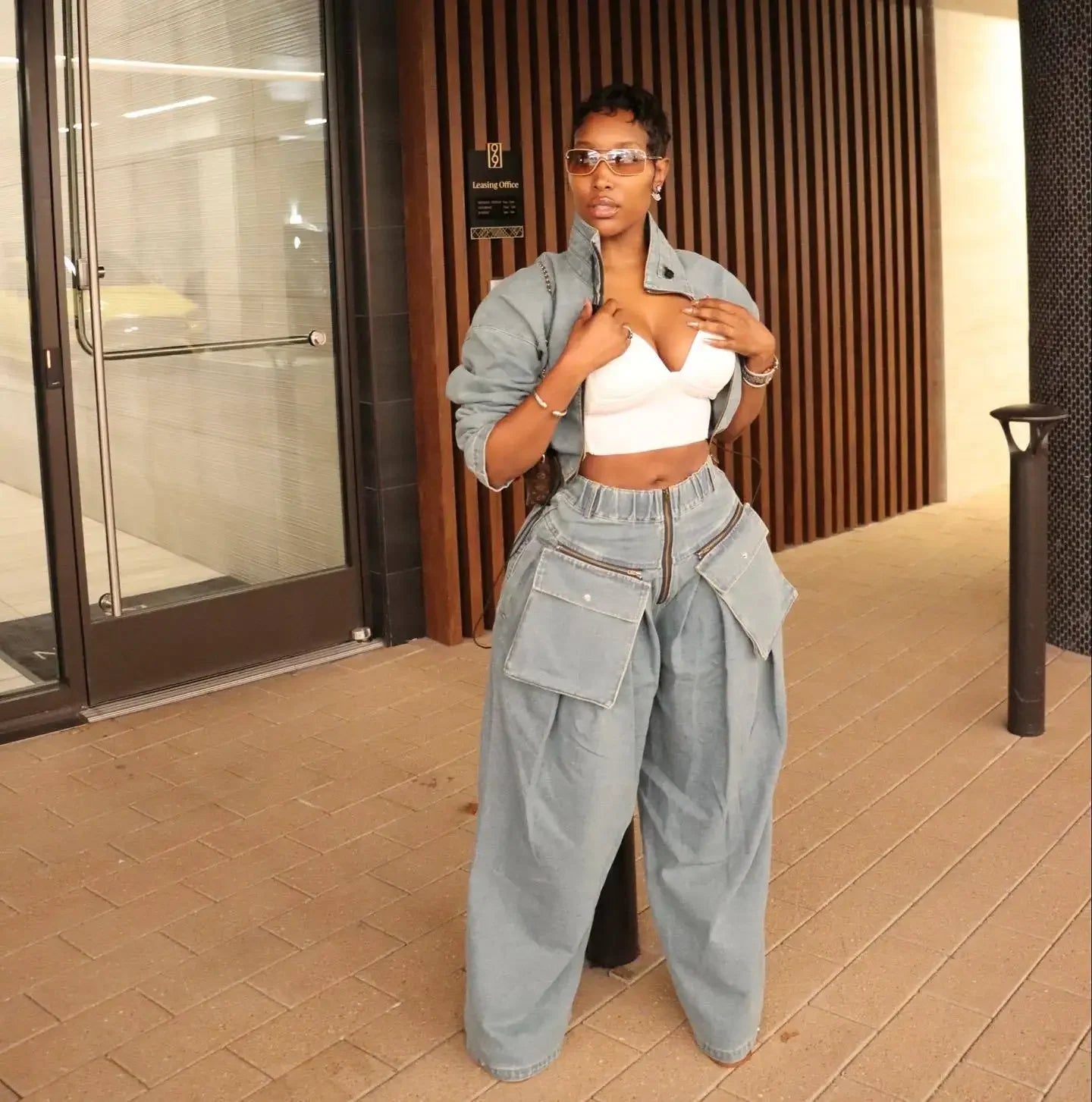 fashion retro women's casual wide leg loose heavy duty denim two-piece set for women two piece set women sexy club zevity