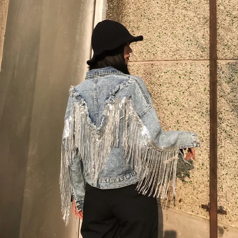 Women's Denim Jacket Coat Streetwear Female Denim Jacket Women Jean Jackets Outerwear Hot Fringed Rivet Denim Jacket Girl