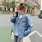 2024 Fashion Spring Female Graffiti Printing Harajuk Long Sleeve Loose Korean Jeans Jacket Pockets Single Breasted Solid A034