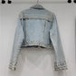 Heavy Work Beading Diamonds Denim Jacket Women Loose Short Cowboy Outerwear Vintage Blue Frayed Big Pocket Jeans Jacket Female