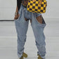 Weird Puss Ripped Denim Pants Women Hollow Hipster Summer Trend High-Waist Jeans Trousers Wild Streetwear Pocket Skinny Bottoms