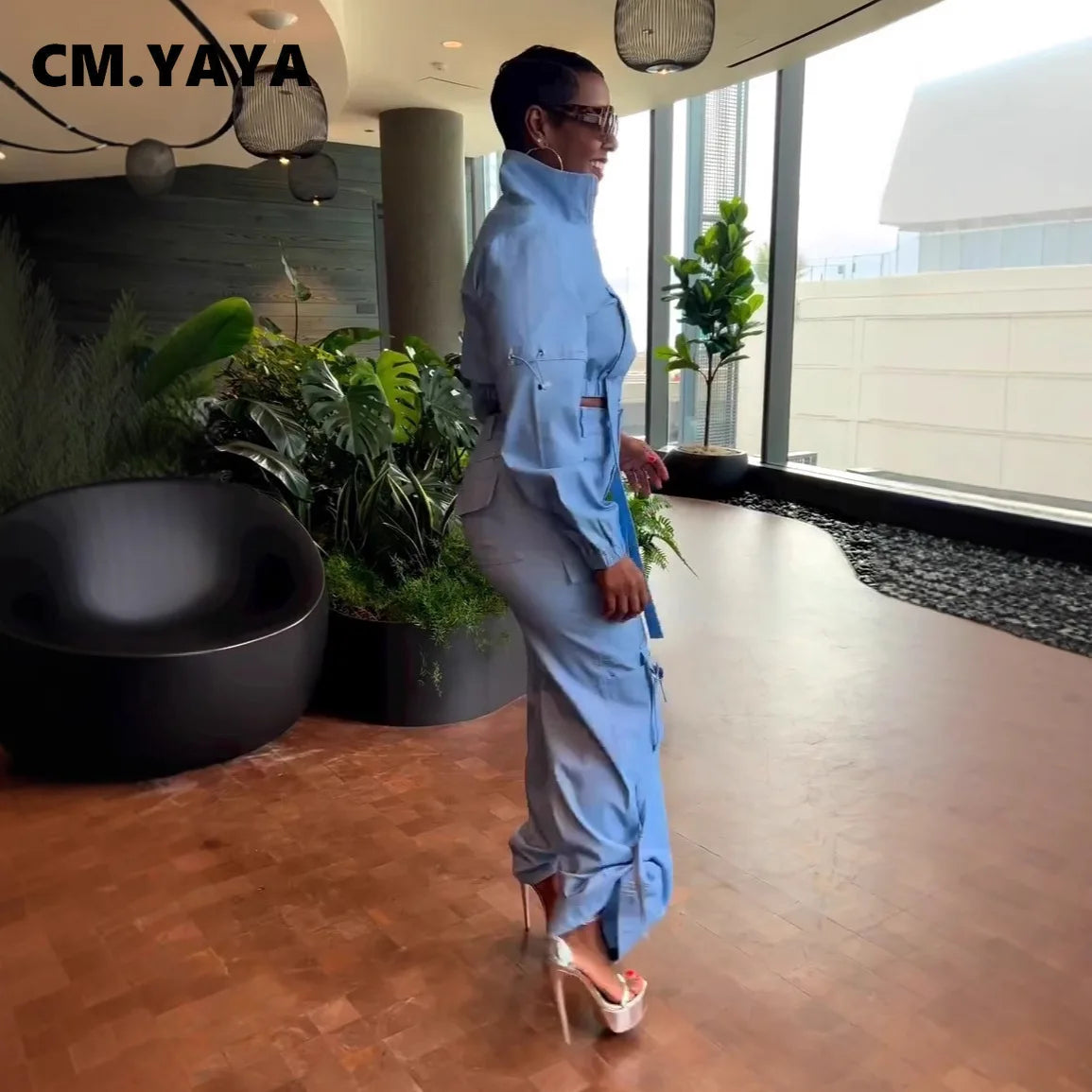 CM.YAYA Fashion Women's Set Long Sleeve Zipper Fly Track and Tie Up Hem Pocket Side Cargo Pants Suit 2024 Two 2 Piece Set Outfit