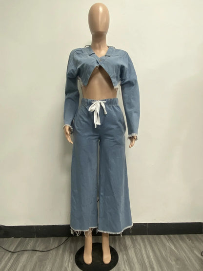 European and American women's clothing Fashionable casual loose denim women's suit two-piece set two piece sets womens outifits